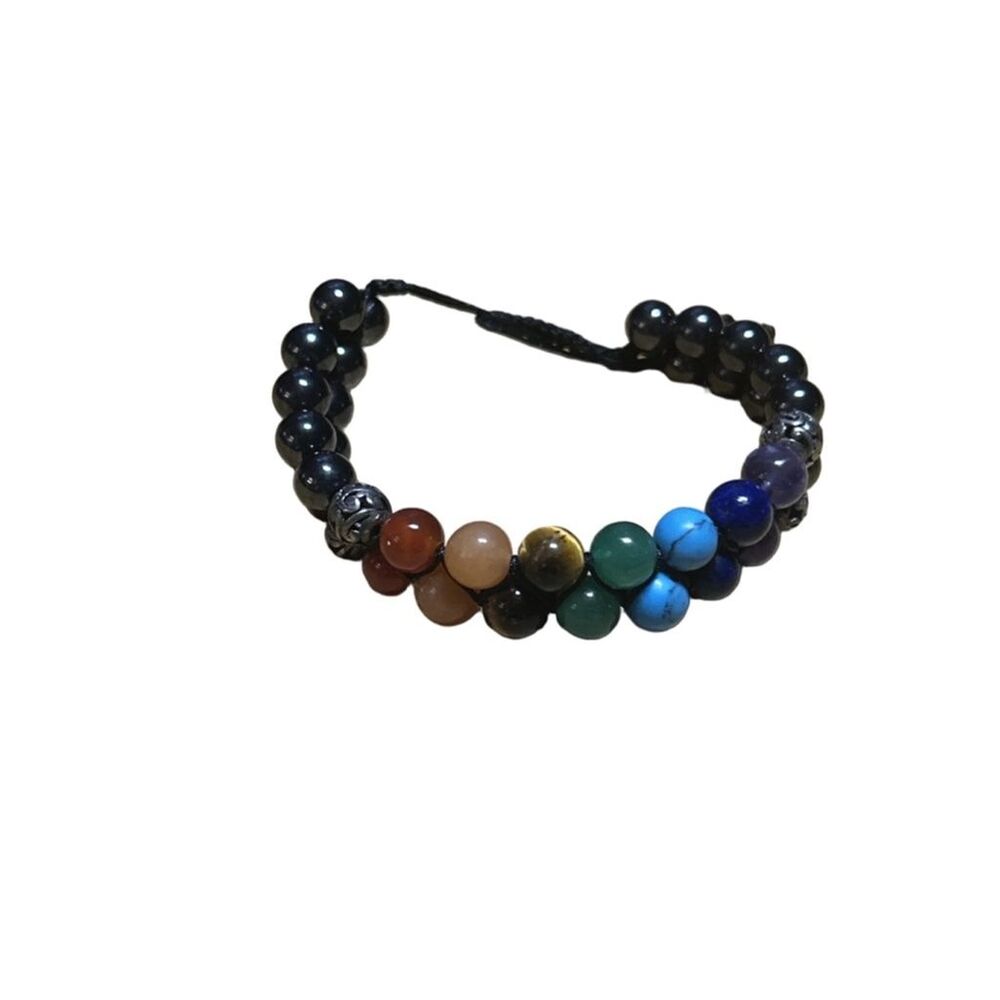 Black Multicolor Beaded Chakra Bracelet One Size Magnetic